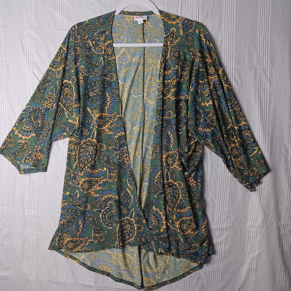 LulaRoe Lindsay Open Front Kimono Women's Size Large‎ Green Yellow Blue Paisley